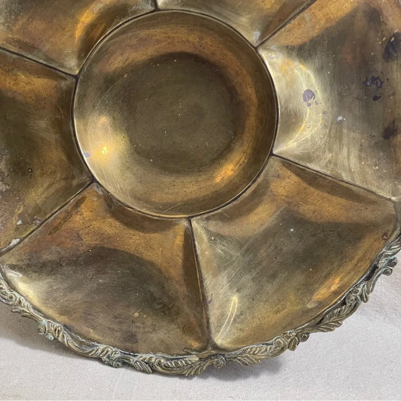 Vntg Brass Divided Tray Ornate Design Farmhouse Decor Mexico Handmade Patina - Picture 4 of 10
